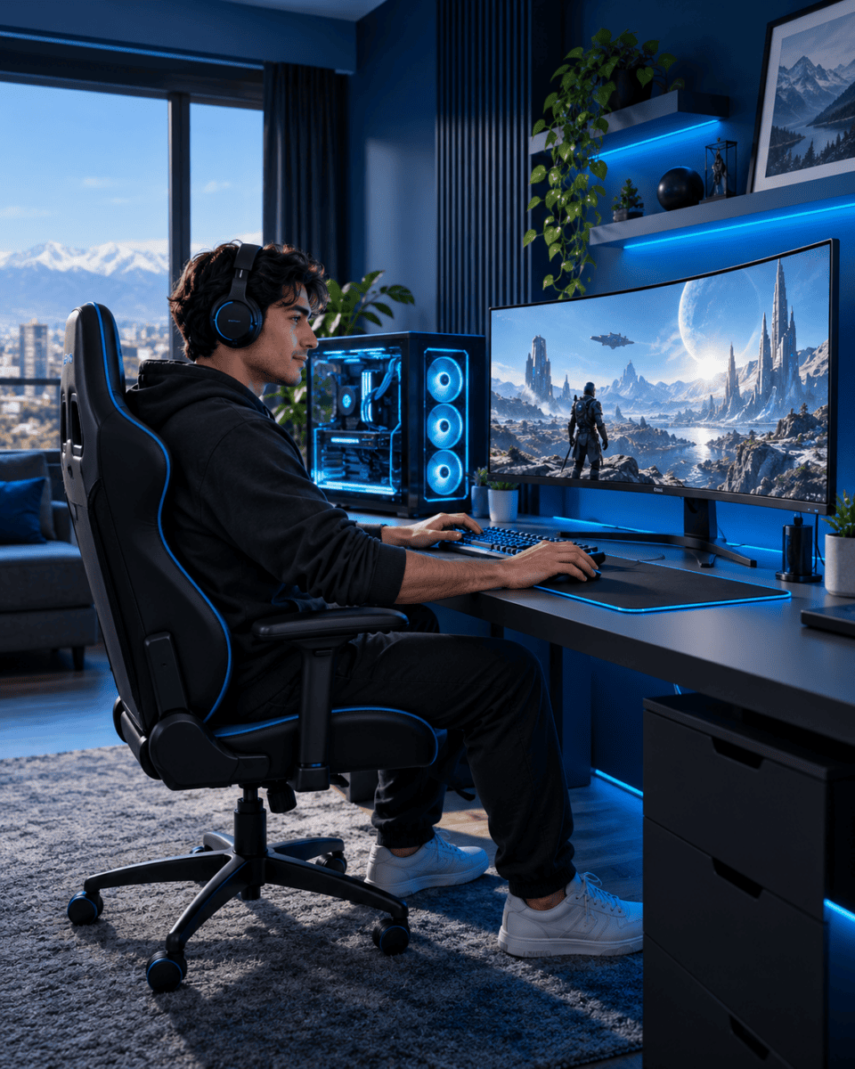 Gamer con un PC moderno e iluminación azul, conectado con fibra óptica SeñalMax